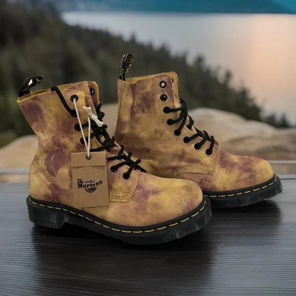 Dr Martens Womens 1460 Pascal Tie Dye Leather Lace Up Boots Size 7 NEW Camo Tan - Picture 1 of 14